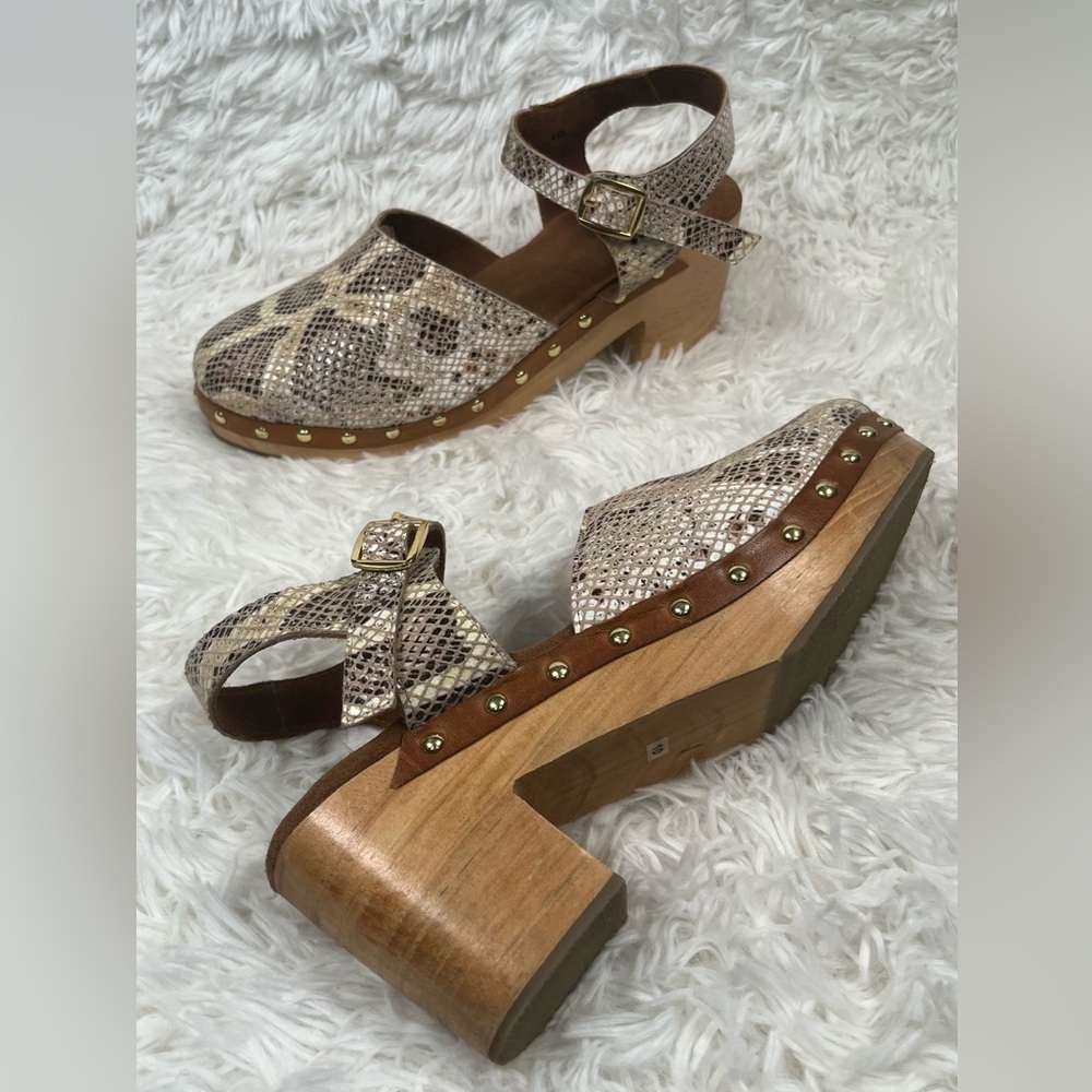 Snake-Print Wooden Clog Mules with Ankle Strap - Brown/Beige
